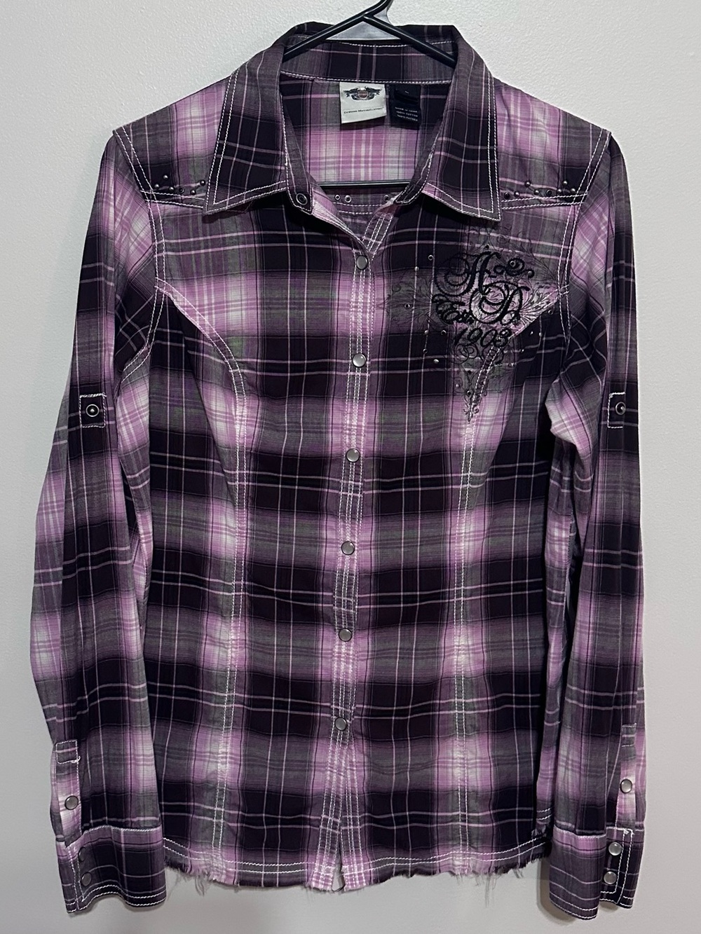 Harley-Davidson Purple and Black Plaid Long Sleeved Button-Down Shirt Size Large